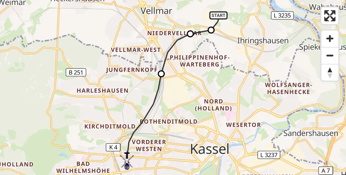Flugroute Polizeihubschrauber Fuldatal Bundespolizei Hubschrauberlandeplatz - Kassel, 09 Oktober 2026, 05:39
