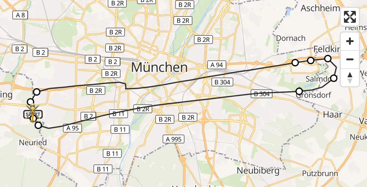 Flugroute Rettungshubschrauber DRF Air Rescue München Hubschrauberlandeplatz - DRF Air Rescue München Hubschrauberlandeplatz, 09 Oktober 2026, 06:06