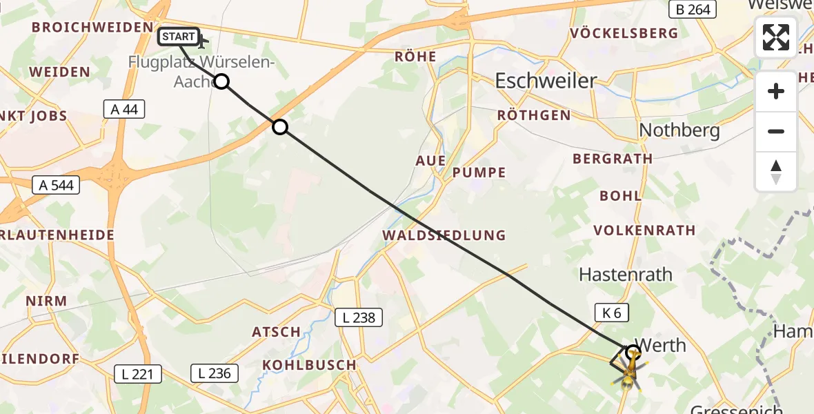 Flugroute Rettungshubschrauber Aachen-Merzbrück Flughafen - Stolberg (Rhld.), 09 Oktober 2026, 06:19
