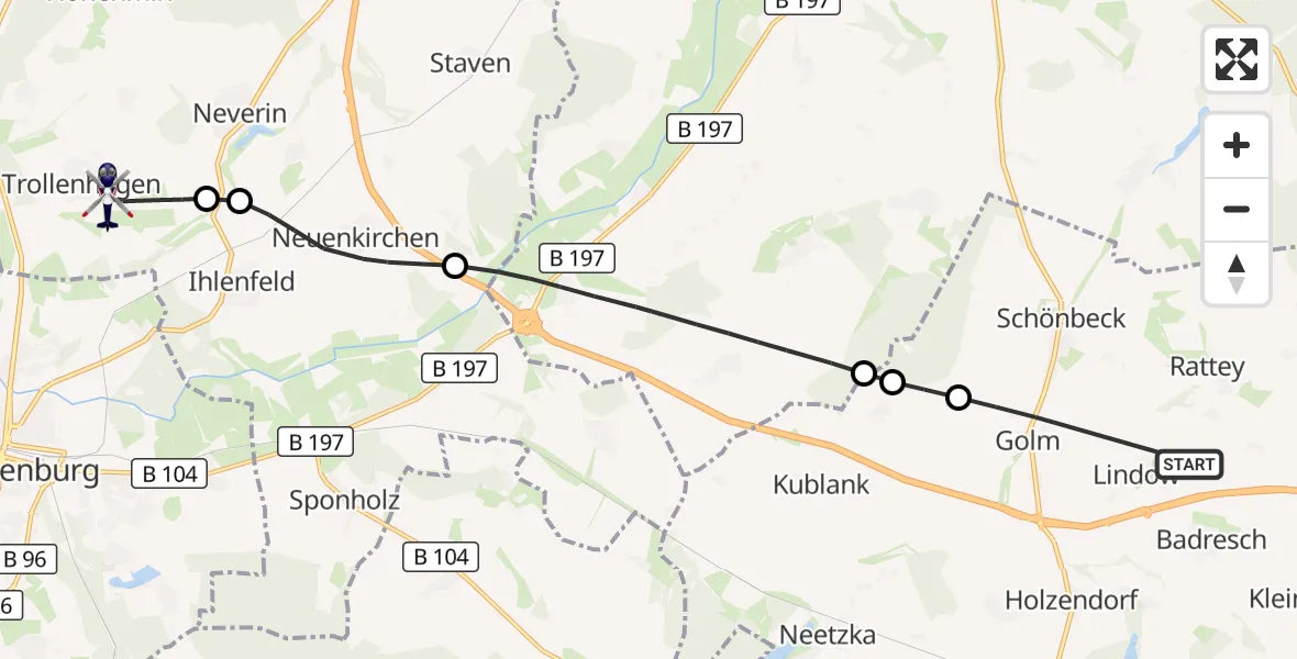 Flugroute Polizeihubschrauber Groß Miltzow - Neubrandenburg Trollenhagen Flughafen, 09 Oktober 2026, 06:36
