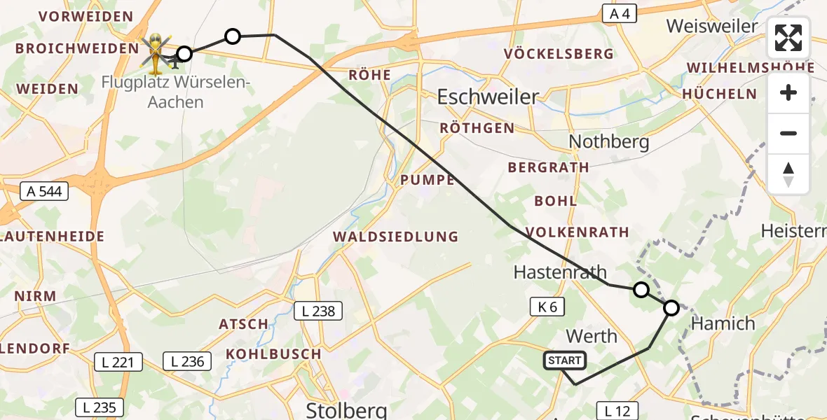 Flugroute Rettungshubschrauber Stolberg (Rhld.) - Aachen-Merzbrück Flughafen, 09 Oktober 2026, 06:57