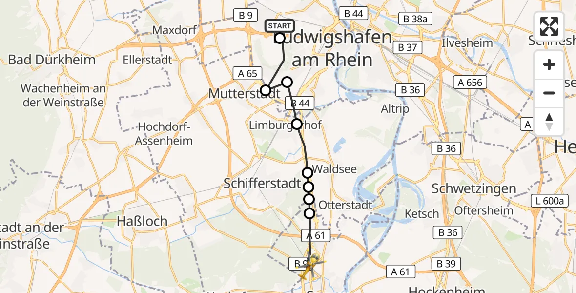Flugroute Rettungshubschrauber Ludwigshafen Accident Hospital - Speyer, 09 Oktober 2026, 07:15