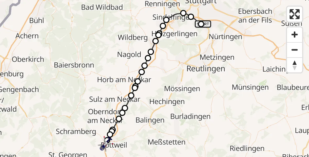 Flugroute Polizeihubschrauber Flughafen Stuttgart - Zimmern ob Rottweil, 09 Oktober 2026, 07:15