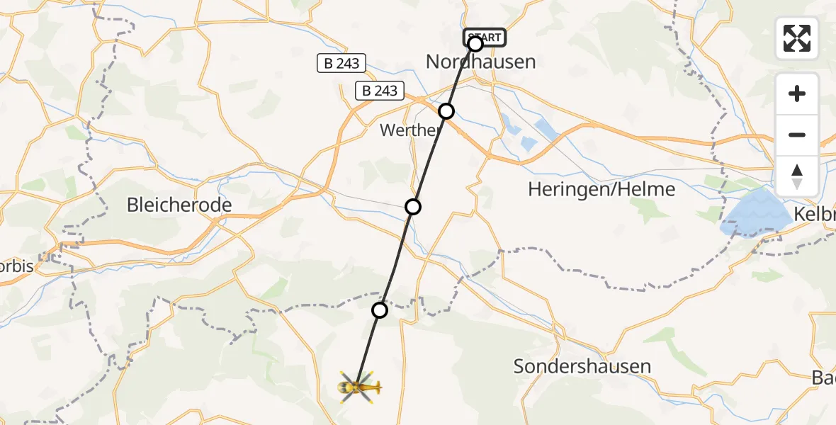 Flugroute Rettungshubschrauber Südharz Hospital Nordhausen - Sondershausen, 09 Oktober 2026, 07:19