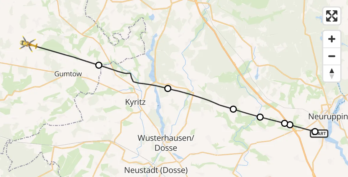 Flugroute Rettungshubschrauber Rupin Hospital - Gumtow, 09 Oktober 2026, 07:32