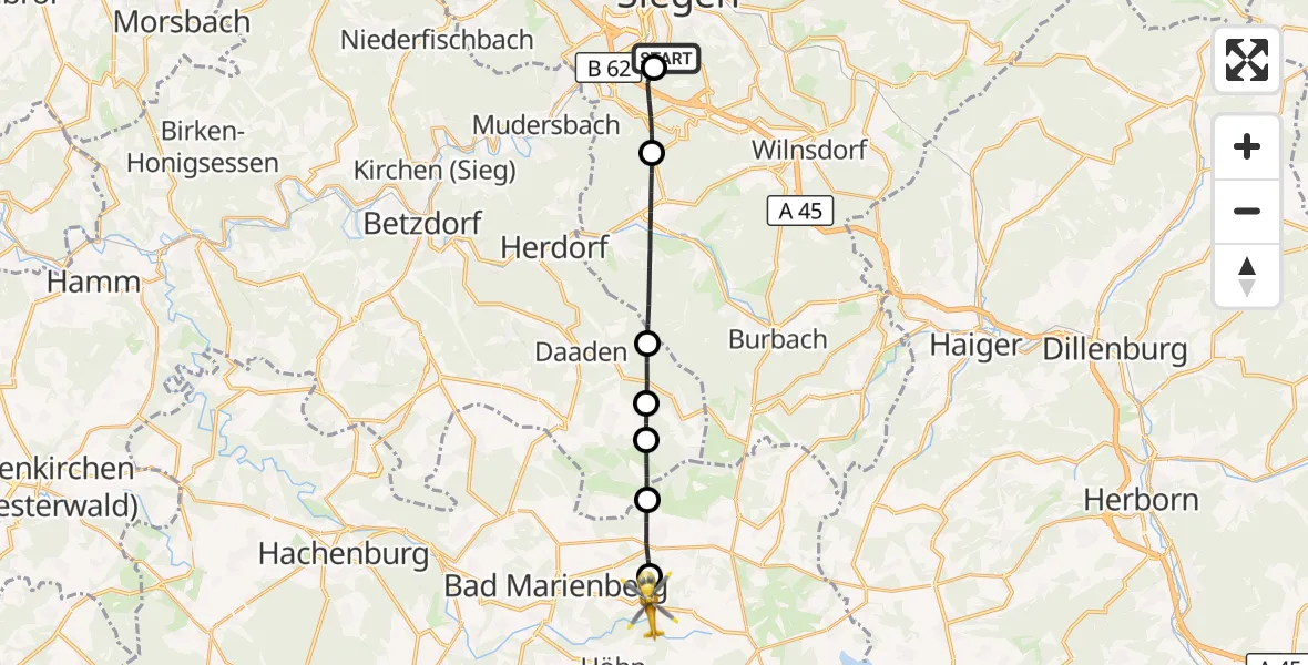 Flugroute Rettungshubschrauber Evangelisches Jung-Stilling Hospital - Fehl-Ritzhausen, 09 Oktober 2026, 07:35