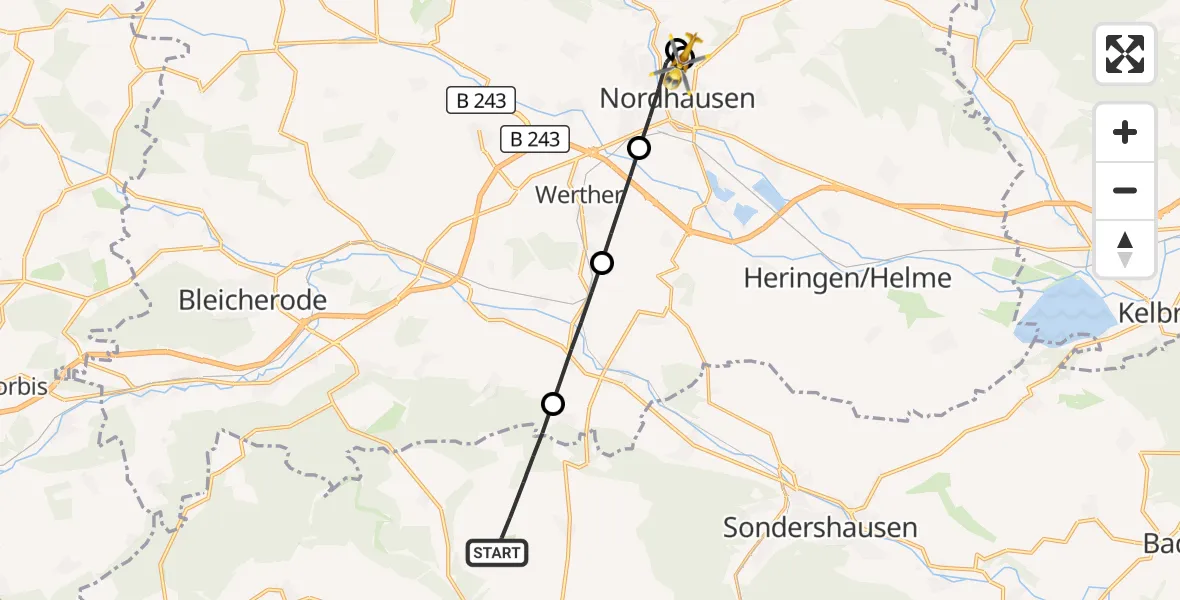 Flugroute Rettungshubschrauber Sondershausen - Südharz Hospital Nordhausen, 09 Oktober 2026, 08:01