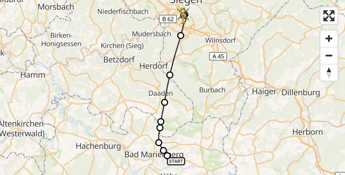Flugroute Rettungshubschrauber Fehl-Ritzhausen - Evangelisches Jung-Stilling Hospital, 09 Oktober 2026, 08:02