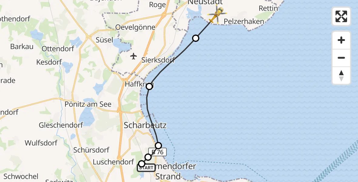 Flugroute Rettungshubschrauber Timmendorfer Strand - Neustadt in Holstein, 09 Oktober 2026, 08:05
