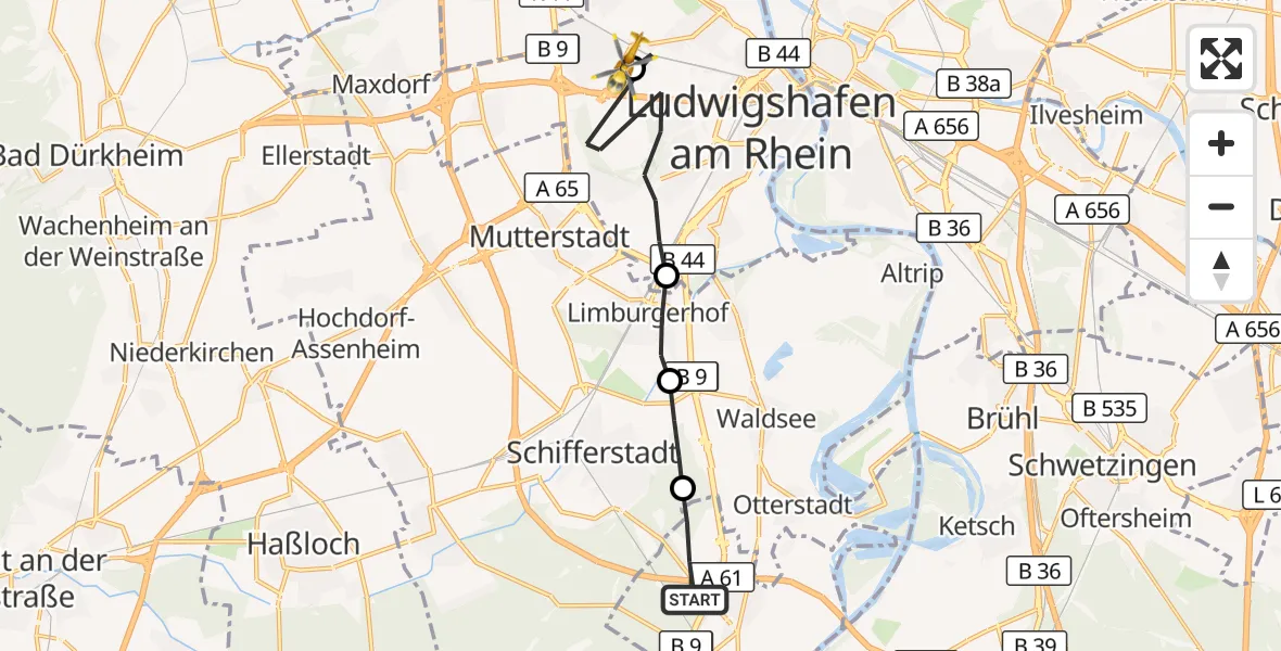 Flugroute Rettungshubschrauber Speyer - Ludwigshafen Accident Hospital Hubschrauberlandeplatz, 09 Oktober 2026, 08:10