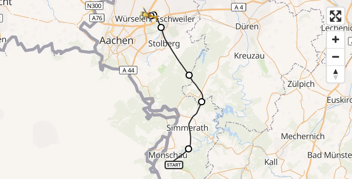 Flugroute Rettungshubschrauber Monschau - Aachen-Merzbrück Flughafen, 09 Oktober 2026, 08:12