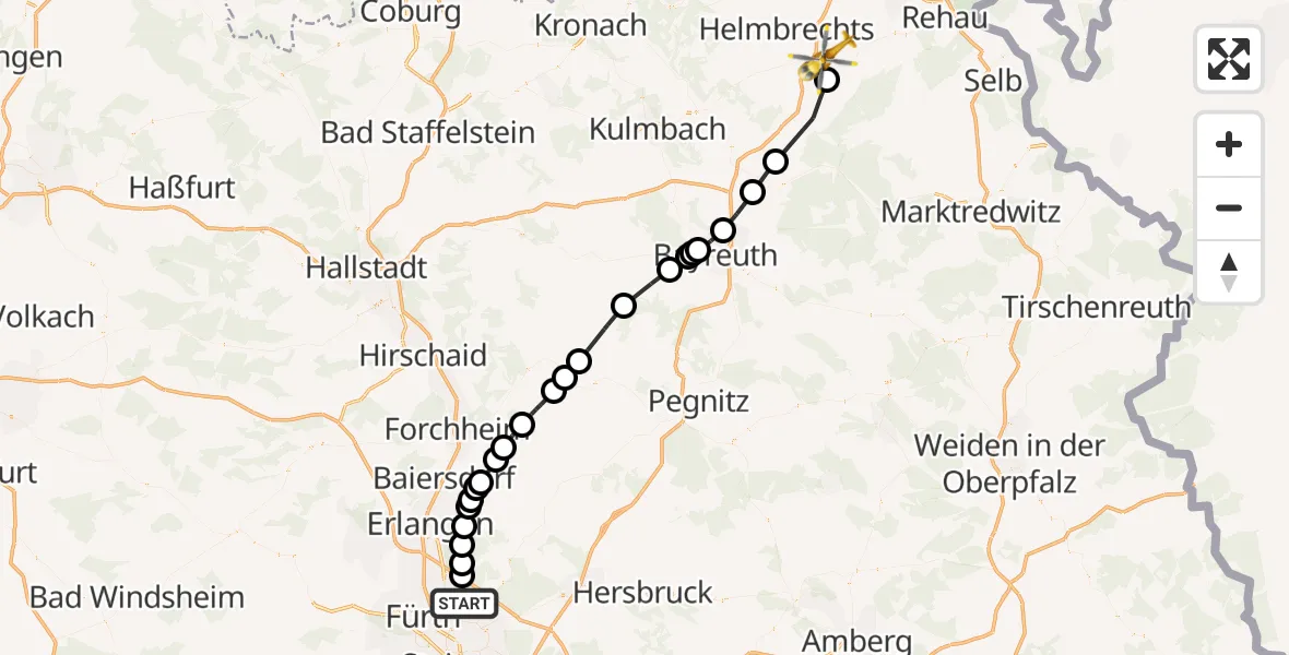 Flugroute Rettungshubschrauber Flughafen Nuremberg - Münchberg, 09 Oktober 2026, 08:25