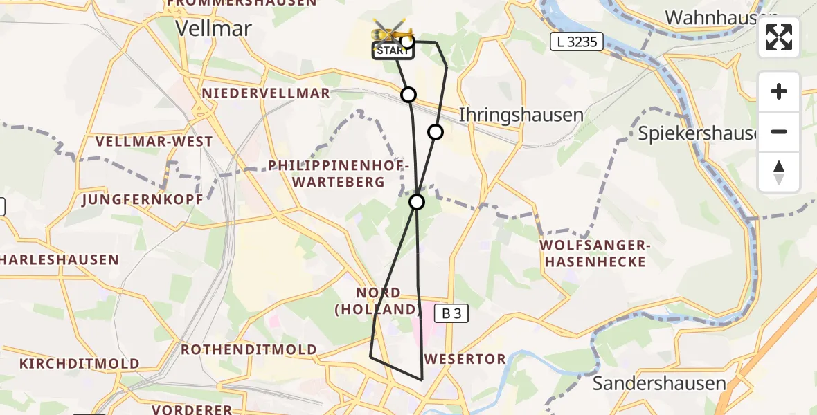 Flugroute Rettungshubschrauber Fuldatal Bundespolizei Hubschrauberlandeplatz - Fuldatal Bundespolizei Hubschrauberlandeplatz, 09 Oktober 2026, 08:45