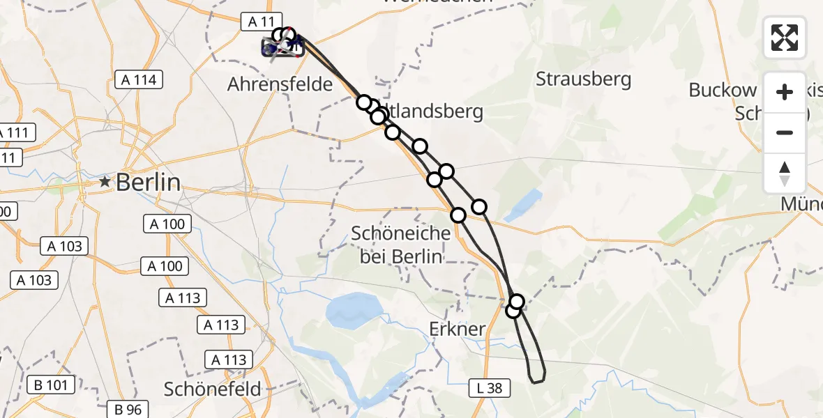Flugroute Polizeihubschrauber Ahrensfelde Hubschrauberlandeplatz - Ahrensfelde Hubschrauberlandeplatz, 09 Oktober 2026, 08:46