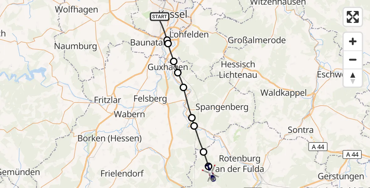 Flugroute Polizeihubschrauber Kassel - Ludwigsau, 09 Oktober 2026, 08:52