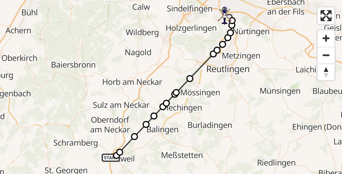 Flugroute Polizeihubschrauber Zimmern ob Rottweil - Flughafen Stuttgart, 09 Oktober 2026, 08:55