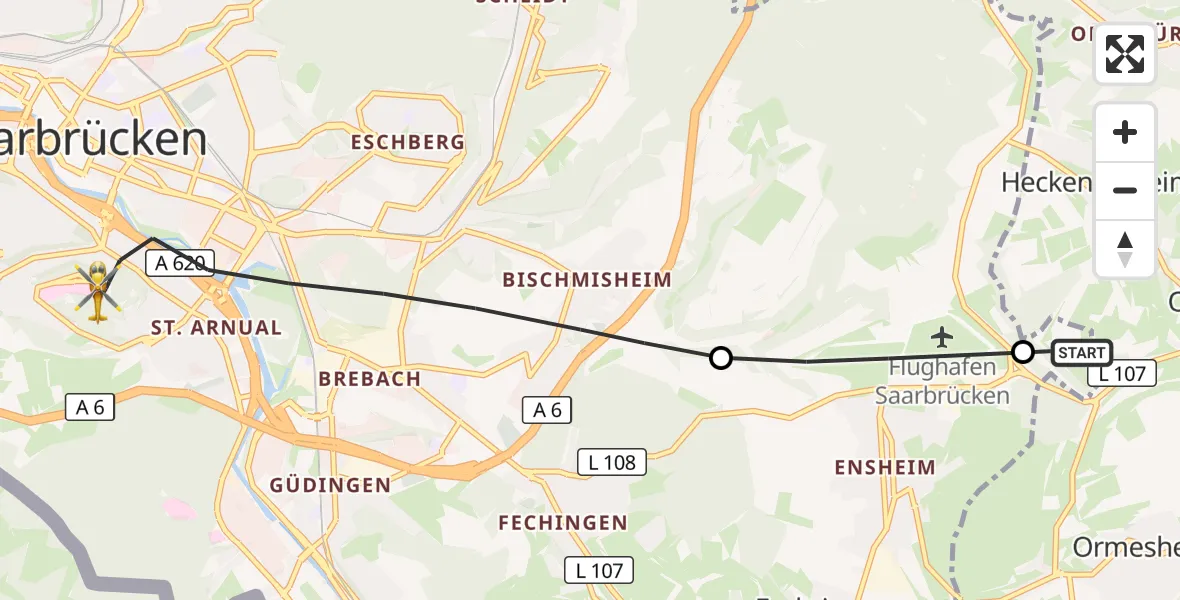 Flugroute Rettungshubschrauber Mandelbachtal - Saarbrücken, 09 Oktober 2026, 09:06