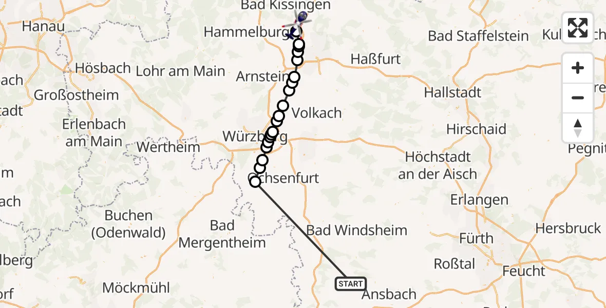 Flugroute Polizeihubschrauber Colmberg - Oerlenbach, 09 Oktober 2026, 09:07