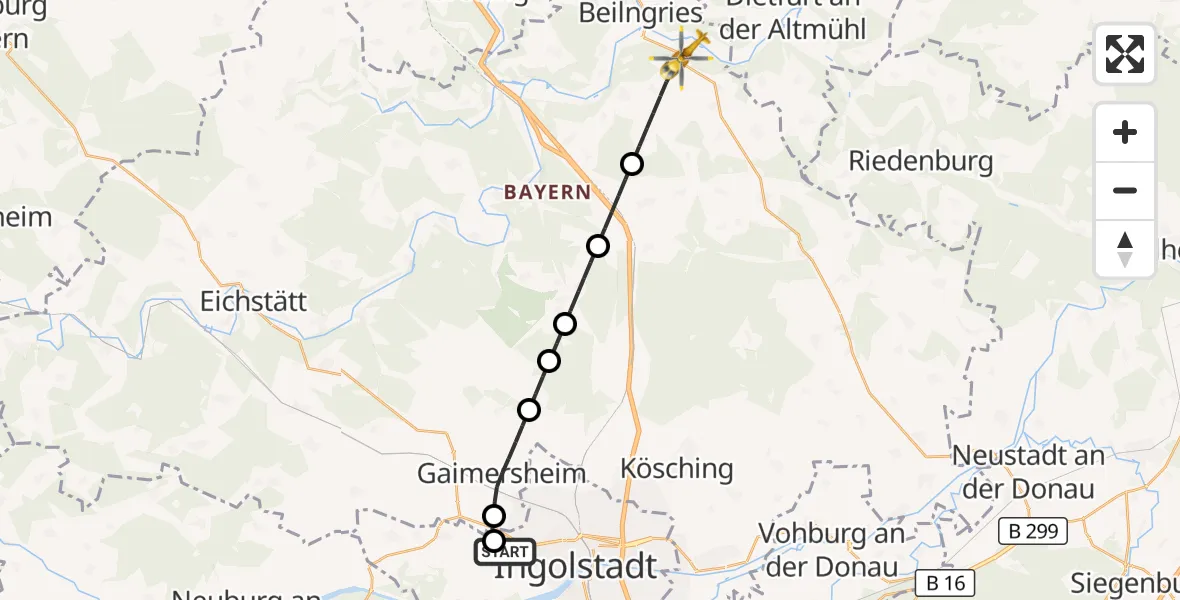 Flugroute Rettungshubschrauber Ingolstadt Hospital - Beilngries, 09 Oktober 2026, 09:25