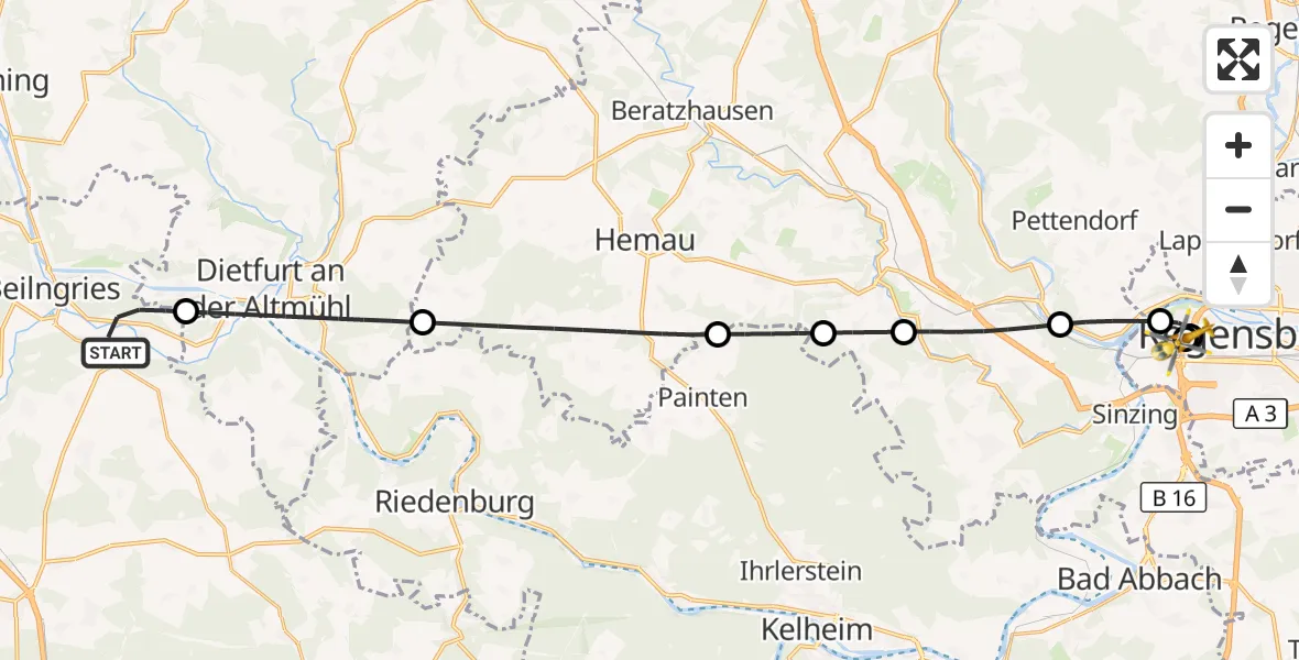 Flugroute Rettungshubschrauber Beilngries - Barmherzige Brüder (Brothers of Mercy) Hospital Regensburg, 09 Oktober 2026, 09:54