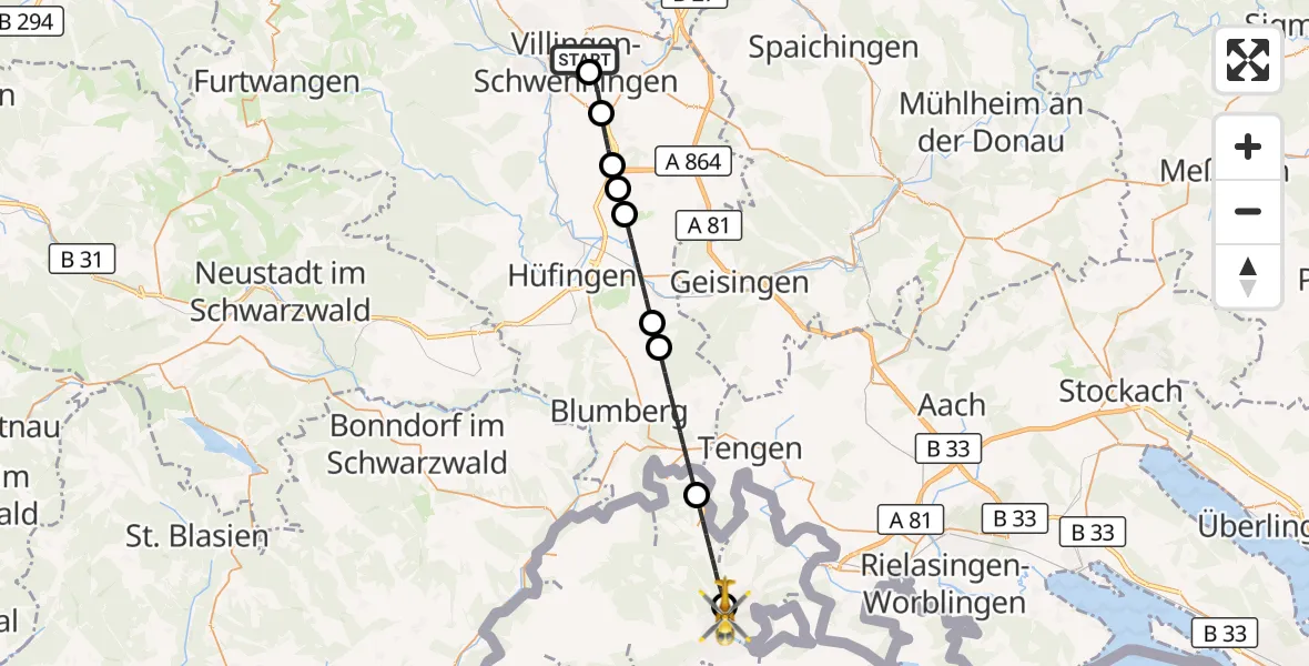 Flugroute Ambulanzhubschrauber DRF Air Rescue Station Villingen-Schwenningen Hubschrauberlandeplatz (Christoph 11) - Schaffhausen Cantonal Hospital Heliport, 09 Oktober 2026, 09:55