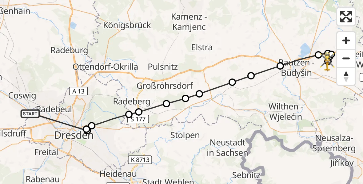 Flugroute Rettungshubschrauber Dresden - Bautzen Flugplatz, 09 Oktober 2026, 10:04
