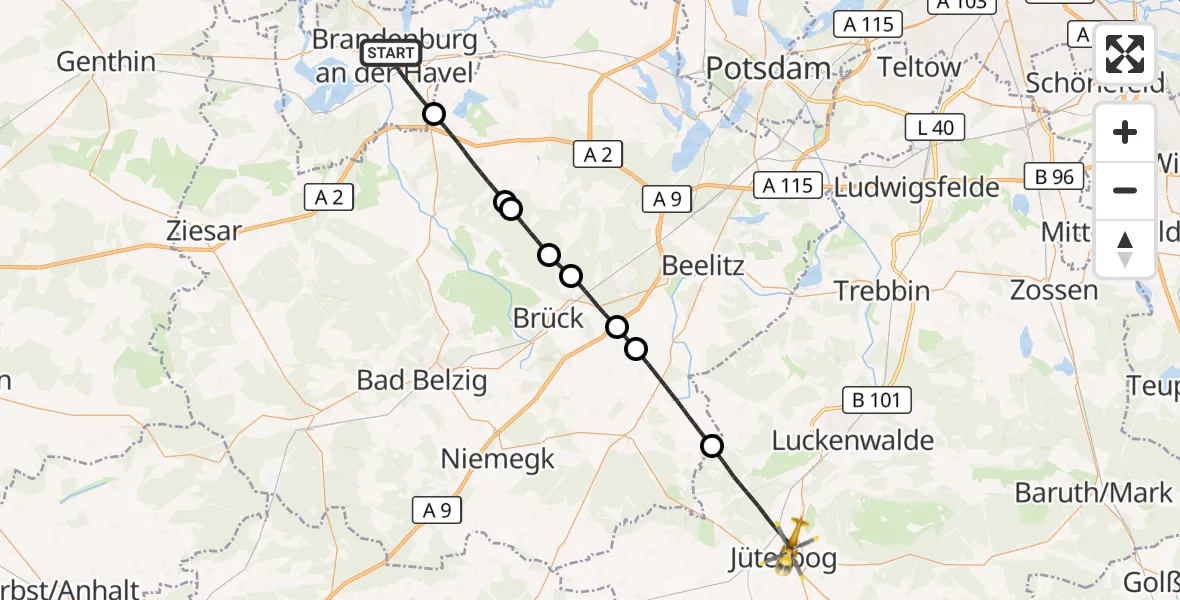 Flugroute Rettungshubschrauber Brandenburg an der Havel - Jüterbog, 09 Oktober 2026, 10:13