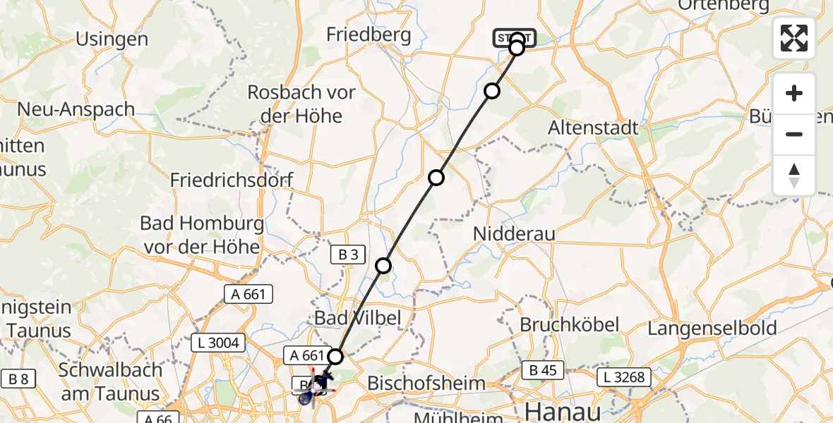 Flugroute Polizeihubschrauber Flugplatz Reichelsheim - Frankfurt am Main Accident Hospital Roof, 09 Oktober 2026, 10:26