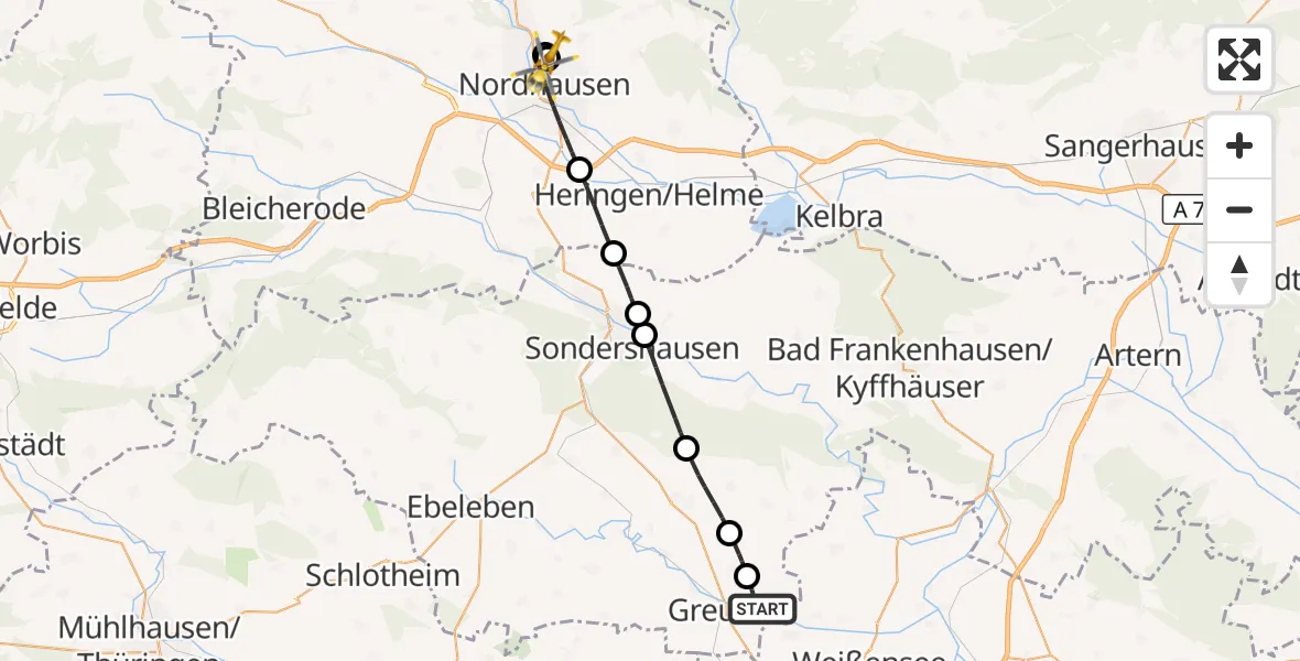 Flugroute Rettungshubschrauber Greußen - Südharz Hospital Nordhausen, 09 Oktober 2026, 10:29
