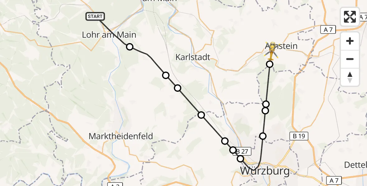 Flugroute Rettungshubschrauber Lohr a.Main - Arnstein, 09 Oktober 2026, 10:30