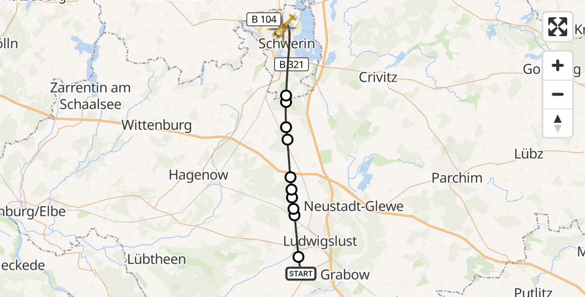 Flugroute Rettungshubschrauber Karstädt - Schwerin, 09 Oktober 2026, 10:43