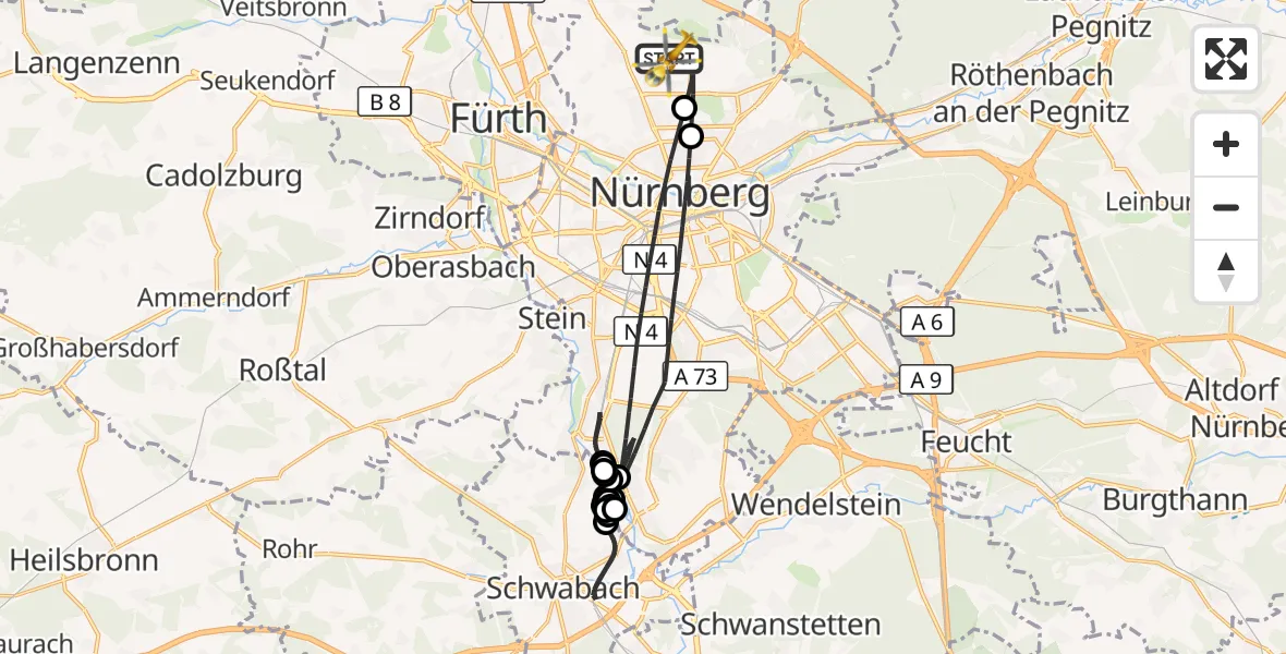 Flugroute Ambulanzhubschrauber Flughafen Nuremberg - Flughafen Nuremberg, 09 Oktober 2026, 10:47