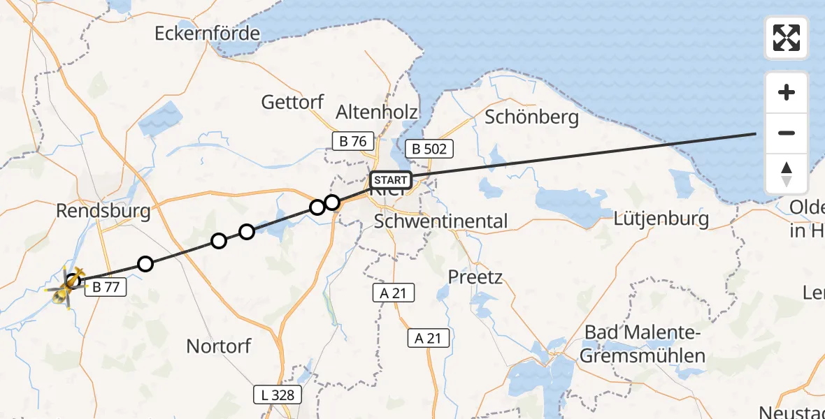 Flugroute Ambulanzhubschrauber Kiel - Schülp b.Rendsburg, 09 Oktober 2026, 10:51