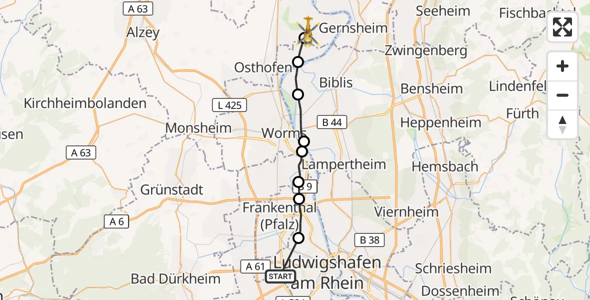 Flugroute Rettungshubschrauber Mutterstadt - Eich, 09 Oktober 2026, 10:56