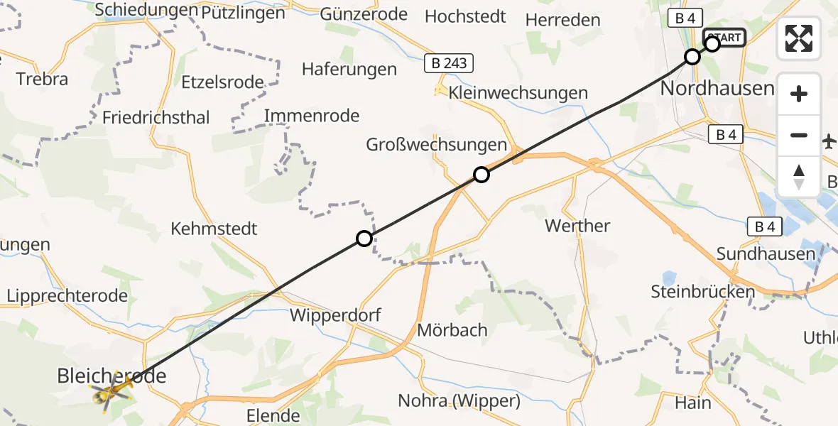 Flugroute Rettungshubschrauber Südharz Hospital Nordhausen - Bleicherode, 09 Oktober 2026, 10:57