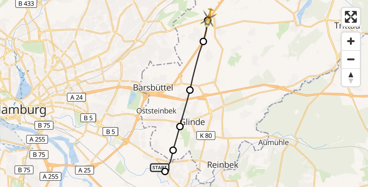 Flugroute Rettungshubschrauber Christoph Hansa ADAC Hubschrauberlandeplatz - Braak, 09 Oktober 2026, 11:19