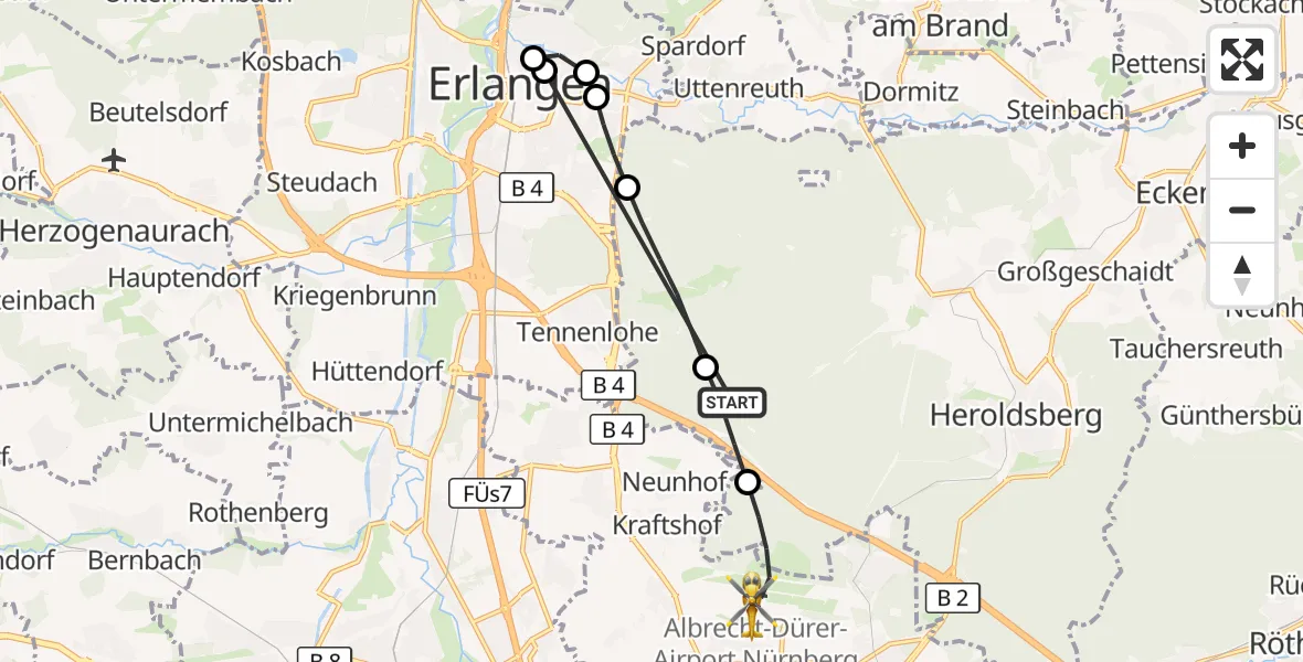 Flugroute Rettungshubschrauber Neunhofer Forst - Flughafen Nuremberg, 09 Oktober 2026, 11:21