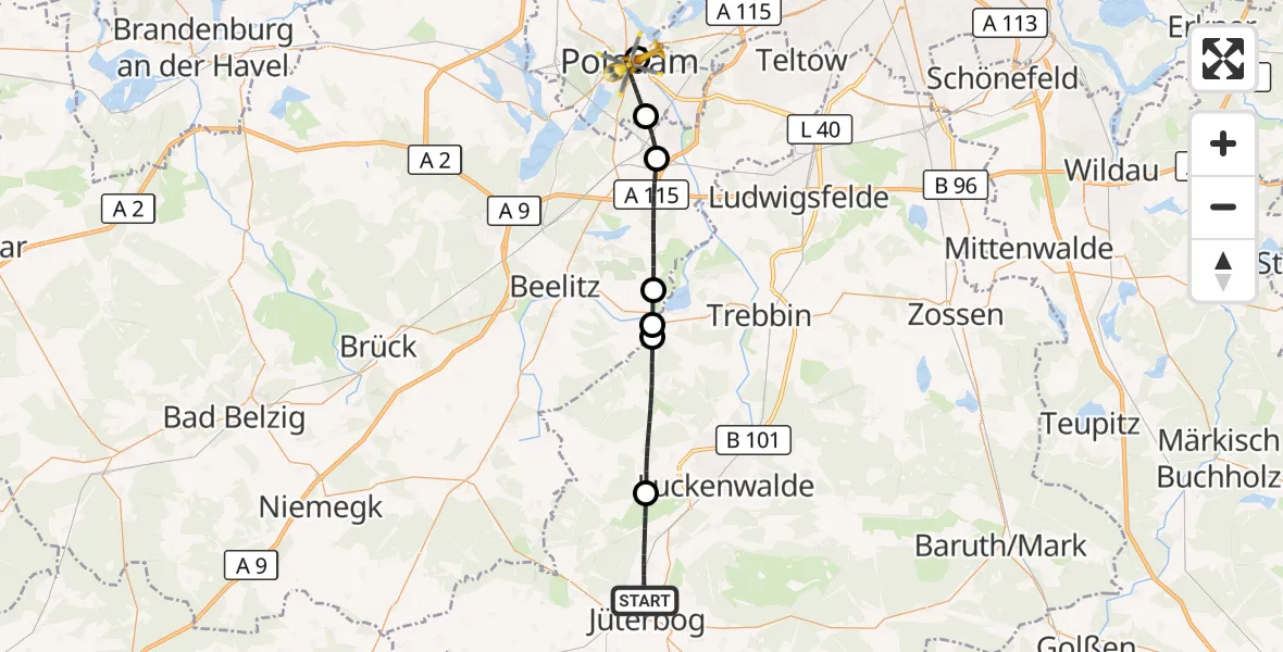Flugroute Rettungshubschrauber Jüterbog - Ernst von Bergmann Clinic Hubschrauberlandeplatz, 09 Oktober 2026, 11:28