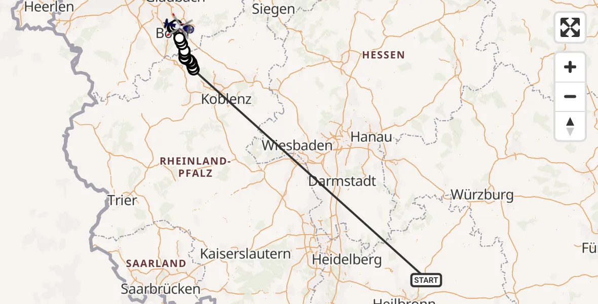 Flugroute Polizeihubschrauber Hardthausen am Kocher - Bonn-Hangelar Flugplatz, 09 Oktober 2026, 11:33