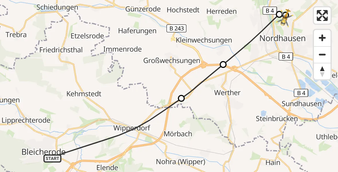 Flugroute Rettungshubschrauber Bleicherode - Südharz Hospital Nordhausen, 09 Oktober 2026, 11:41