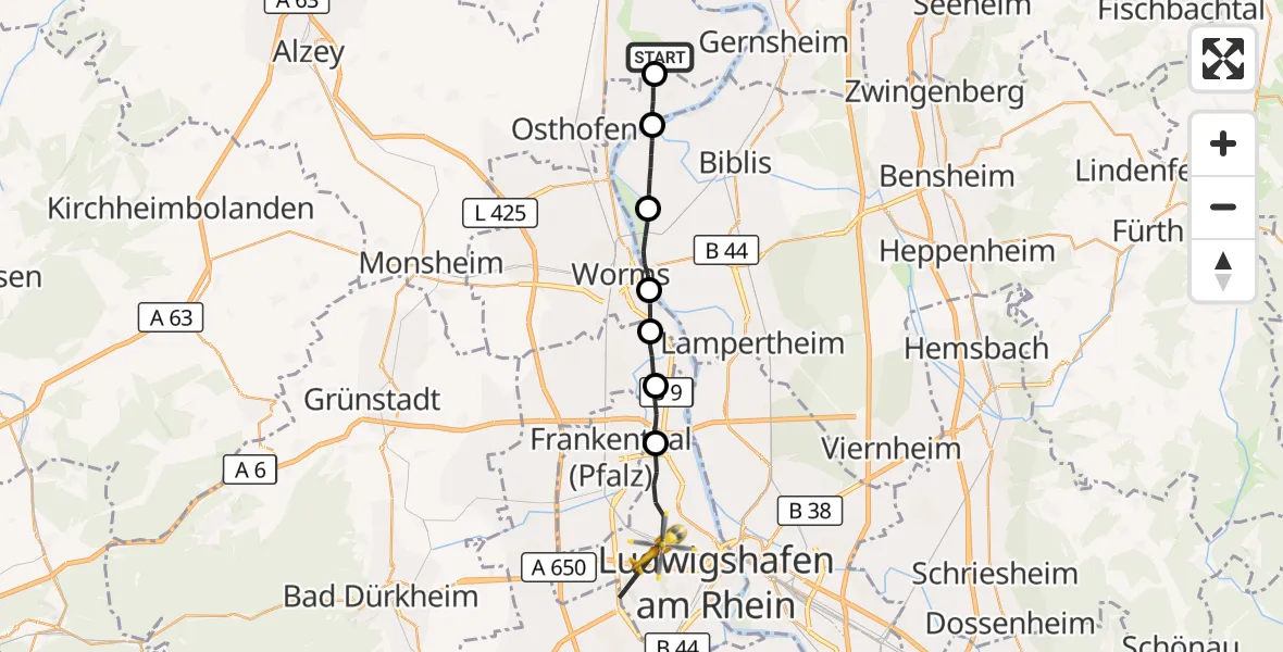 Flugroute Rettungshubschrauber Eich - Ludwigshafen Accident Hospital, 09 Oktober 2026, 11:44