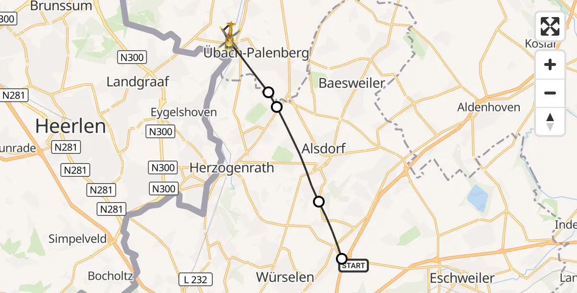 Flugroute Rettungshubschrauber Aachen-Merzbrück Flughafen - Übach-Palenberg, 09 Oktober 2026, 11:45