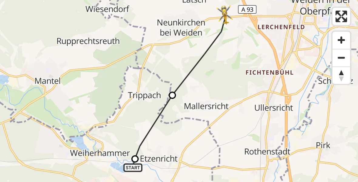 Flugroute Ambulanzhubschrauber Weiherhammer - Weiden i.d.OPf., 09 Oktober 2026, 11:49