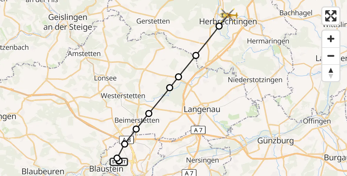 Flugroute Rettungshubschrauber Ulm Military Hospital Emergency - Herbrechtingen, 09 Oktober 2026, 12:03
