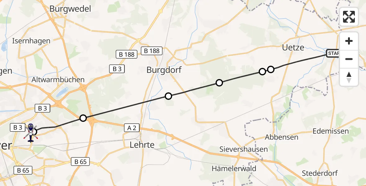 Flugroute Polizeihubschrauber Uetze - Hannover Luftrettung Hubschrauberlandeplatz (Christoph 4), 09 Oktober 2026, 12:21