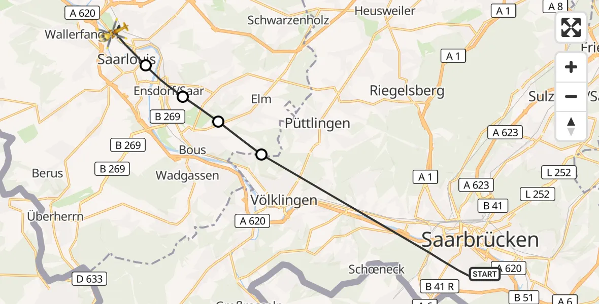 Flugroute Rettungshubschrauber Saarbrücken - Saarlouis, 09 Oktober 2026, 12:26