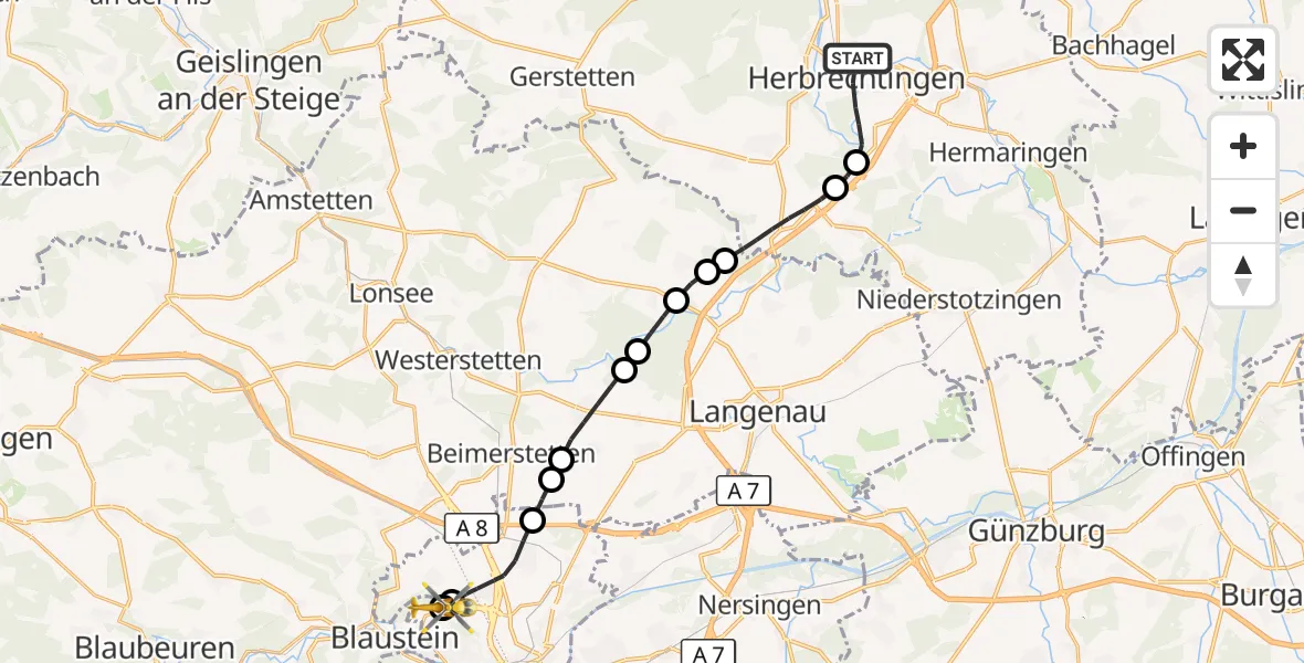 Flugroute Rettungshubschrauber Herbrechtingen - ADAC Air Rescue Station Ulm (Christoph 22), 09 Oktober 2026, 12:30