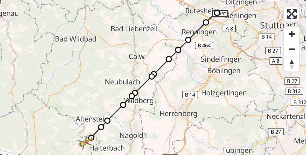 Flugroute Rettungshubschrauber Leonberg Hospital - Pfalzgrafenweiler, 09 Oktober 2026, 12:33