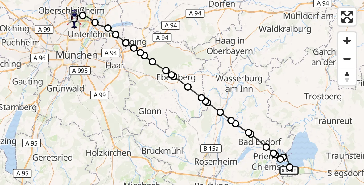 Flugroute Polizeihubschrauber Bernau a.Chiemsee - Oberschleißheim, 09 Oktober 2026, 12:37