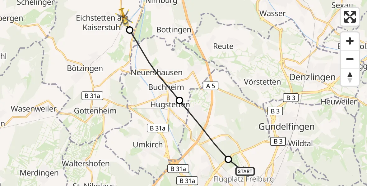 Flugroute Ambulanzhubschrauber Freiburg im Breisgau Flugplatz - Eichstetten am Kaiserstuhl, 09 Oktober 2026, 12:41